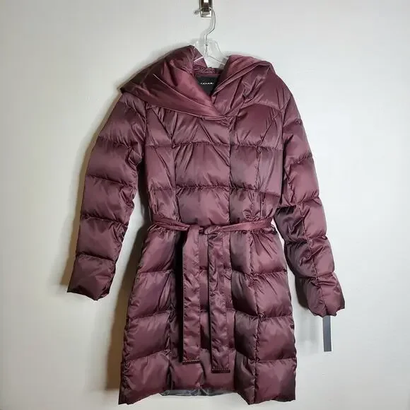 Tahari Women’s Down Puffer Coat Jacket Size S Belted Hooded Long Winter Chic - Picture 1 of 7